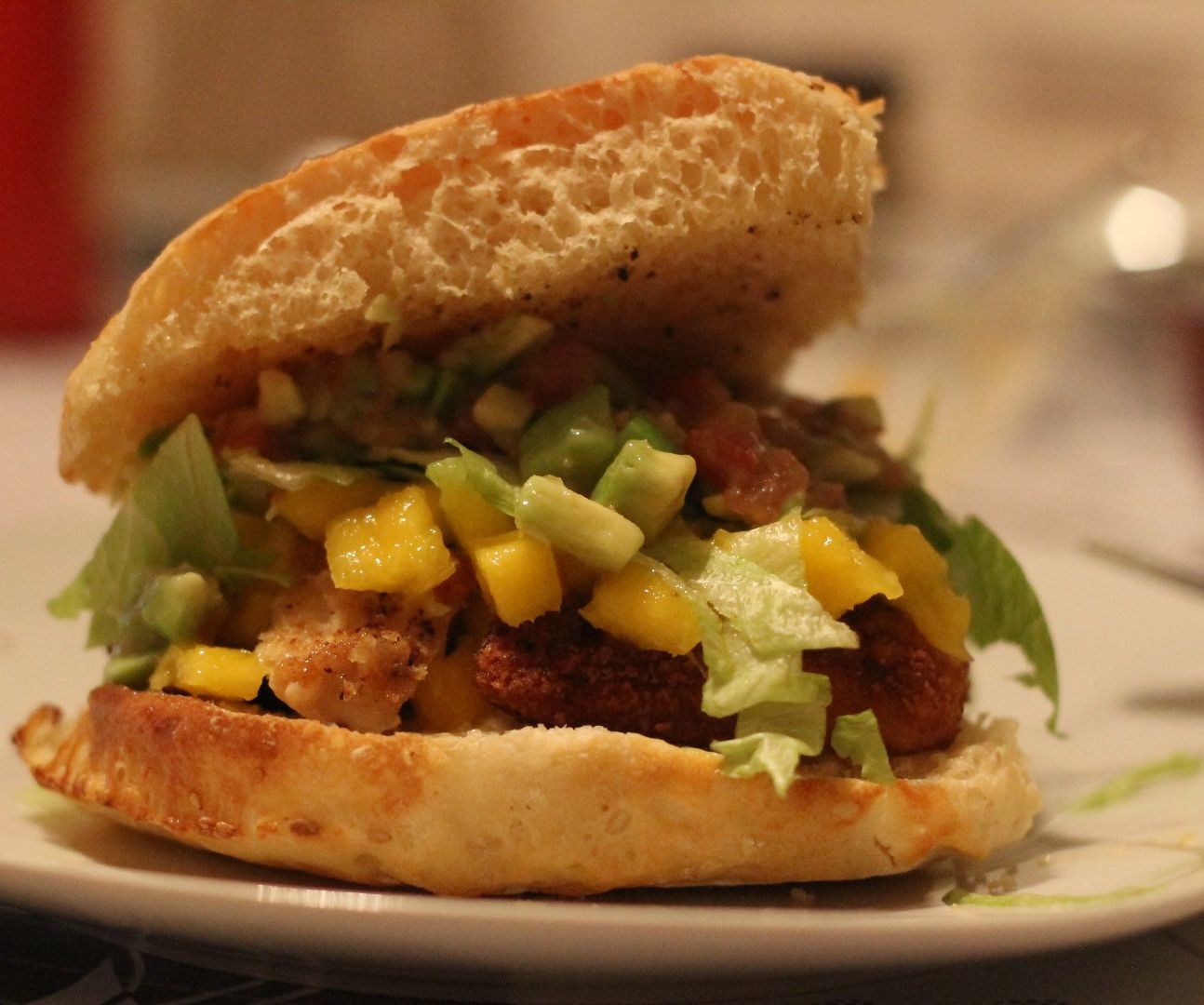 Crispy Chicken Burger With Mango Salsa and Guacamole 4 Steps