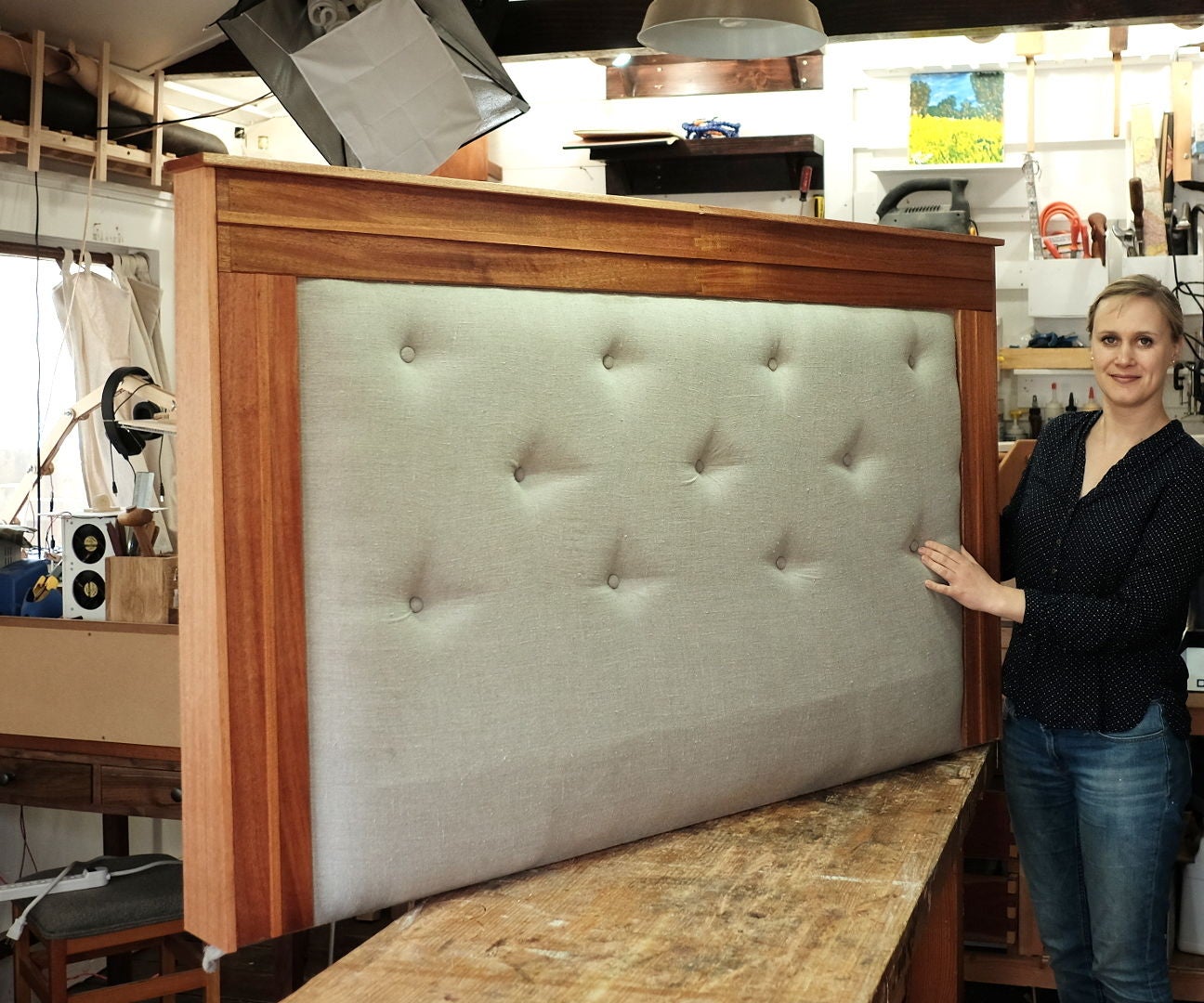 DIY Upholstered Queen Sized Headboard W/ Linen & Mahogany 12 Steps