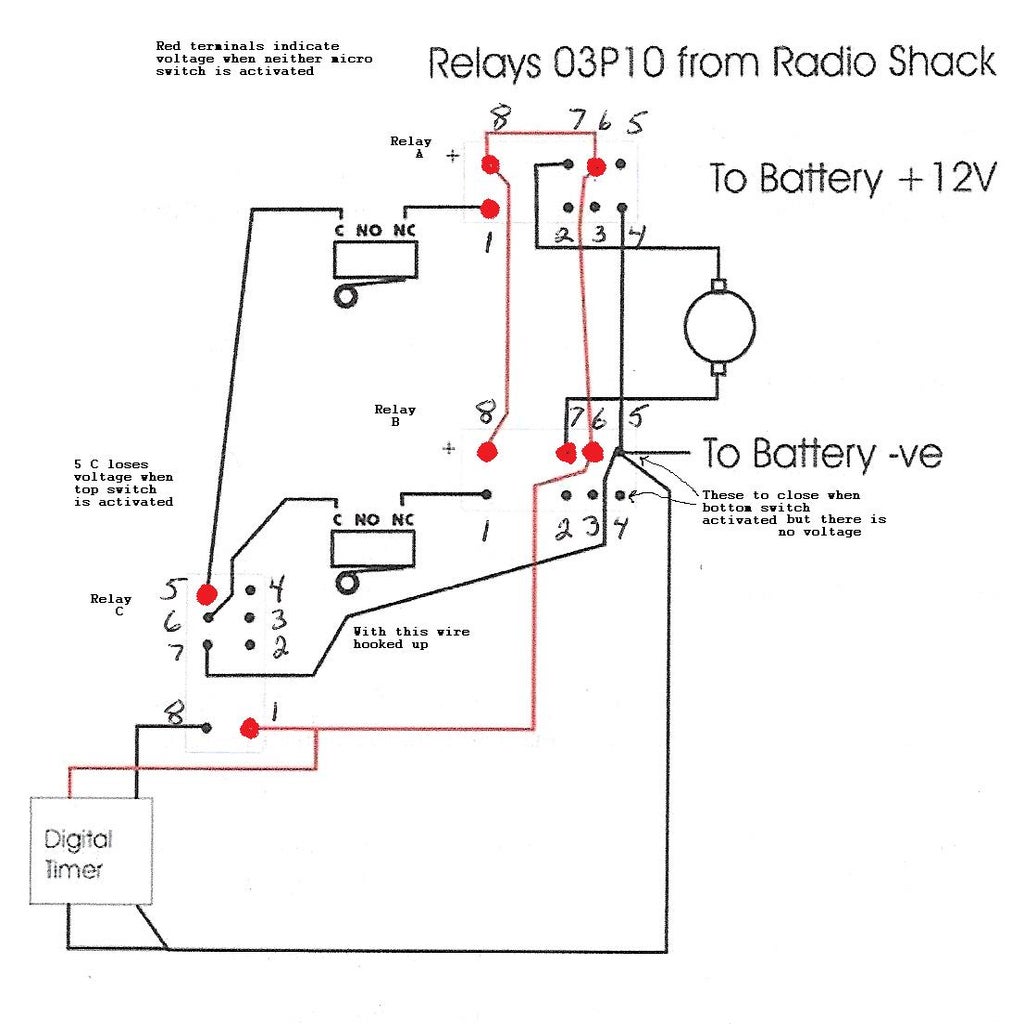 How do I wire a 12V DC motor to micro switches, relay digital timer and
